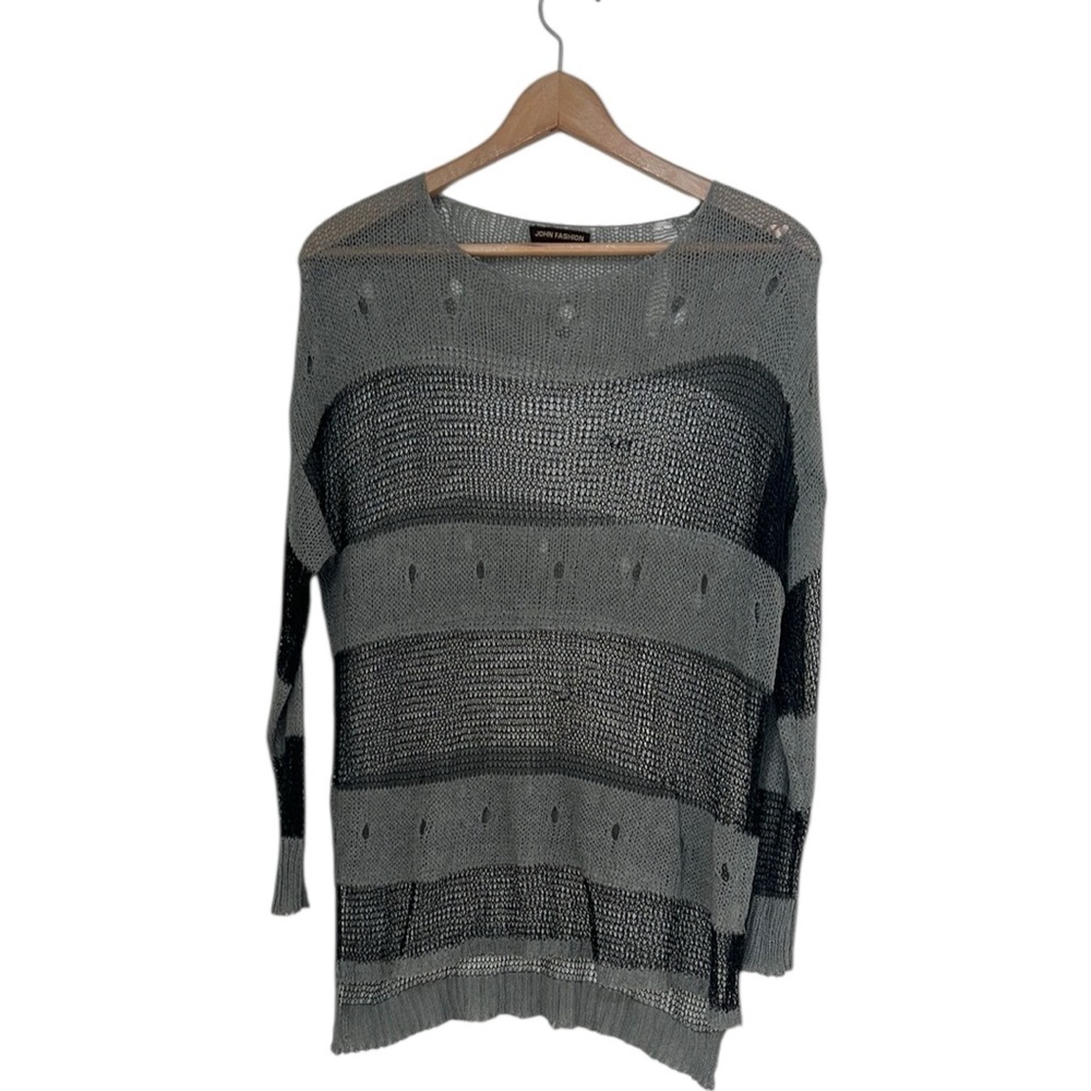 Grunge Goth Sweater Women's Large Open Knit Striped Distressed John Fashion READ
